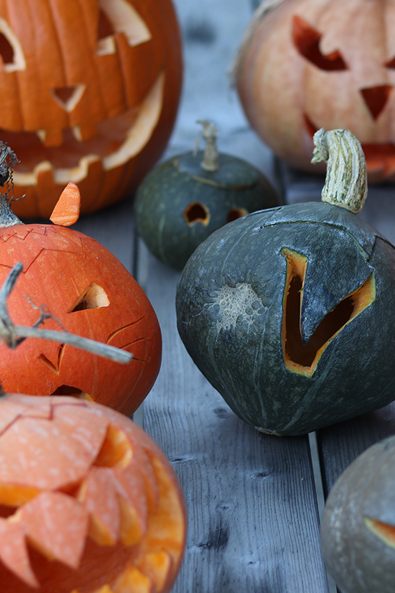 Vue sur des décors d'halloween taillés dans des citrouilles