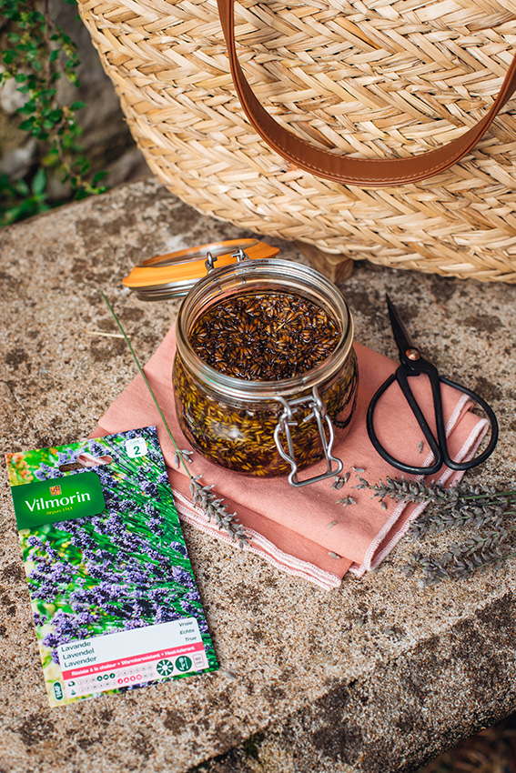 Vue sur un pot en verre contenant du macérat huileux de lavande. Sur la table, un chapeau et un sachet de graine de lavande Vilmorin sont posés.