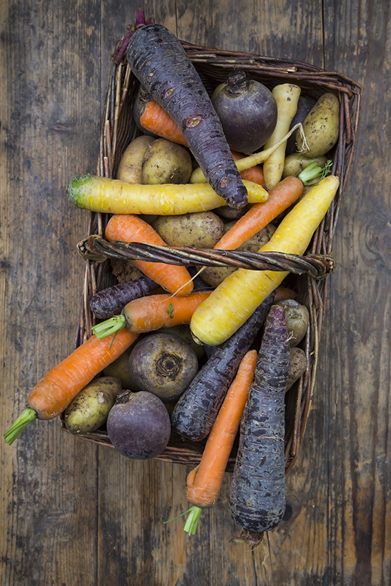 Vue du dessus de légumes d'hiver (carottes, betteraves rouges, pommes de terre et panais) posés dans un panier sur une table.