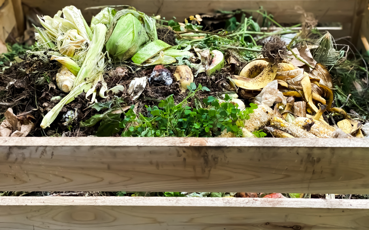 Epluchures de légumes et restes de maïs dans un bac à compost en bois