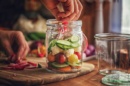 Photo d'un bocal en verre contenant des pickles de légumes