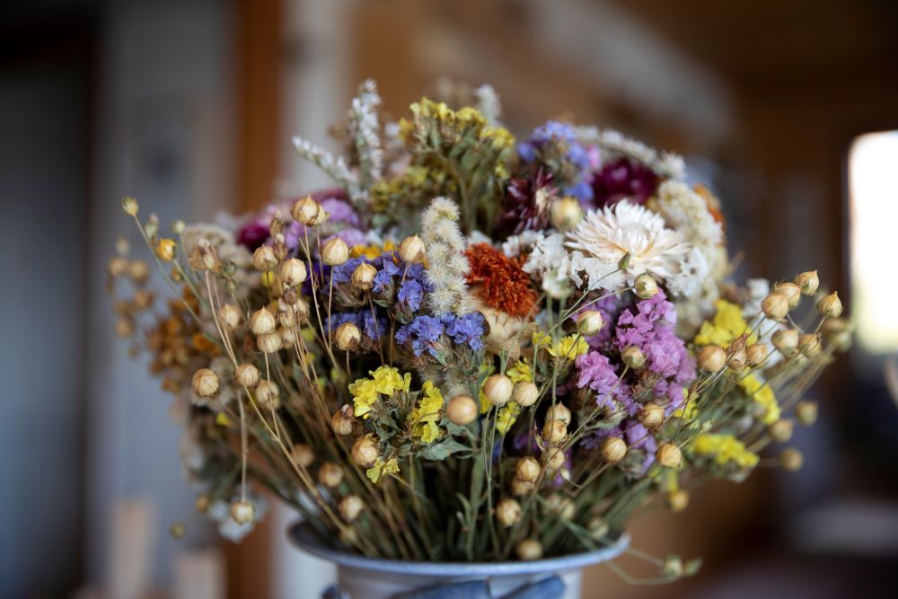 Bouquet de fleur sechées disposées dans un vase.
