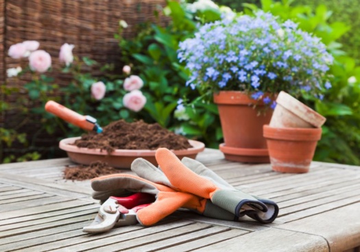 Paire de gants de jardinage posée sur une table de jardin en bois.
